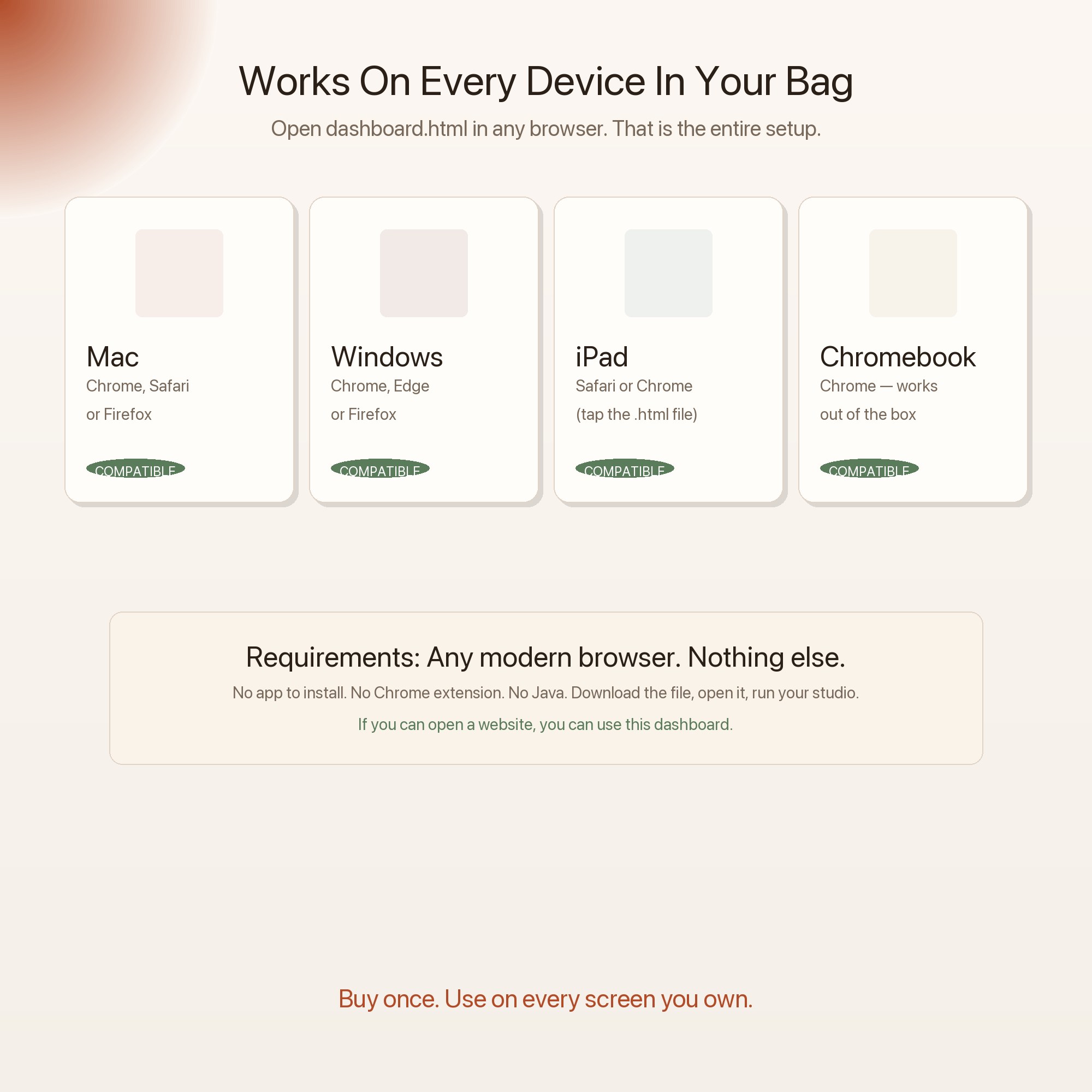 Photography business dashboard compatible with Mac, Windows, iPad and Chromebook — any modern browser, no app needed