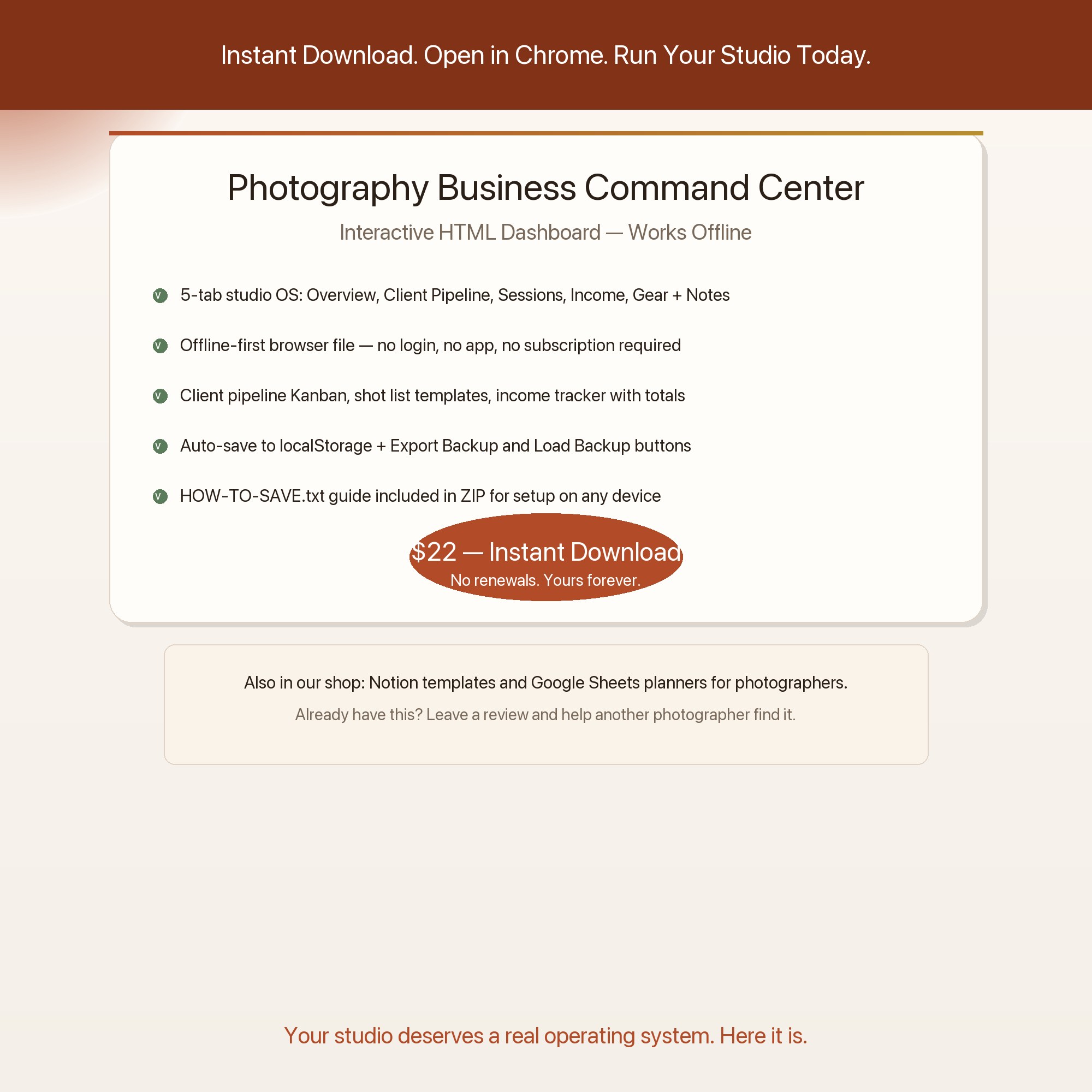 Photography Business Command Center instant download — $22, interactive browser file, own it forever, no renewal