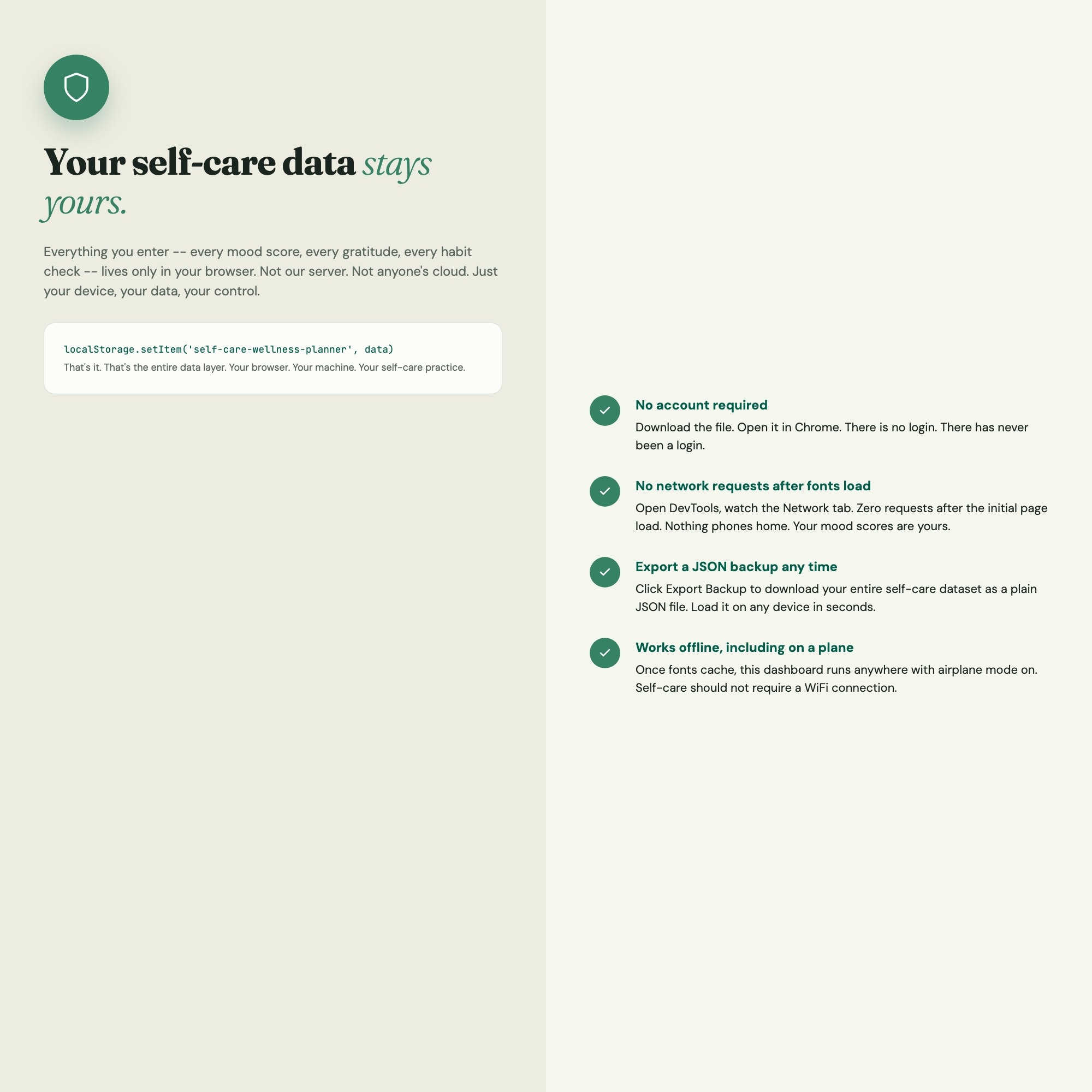 Self care planner data stays private localStorage no cloud no account works on any device