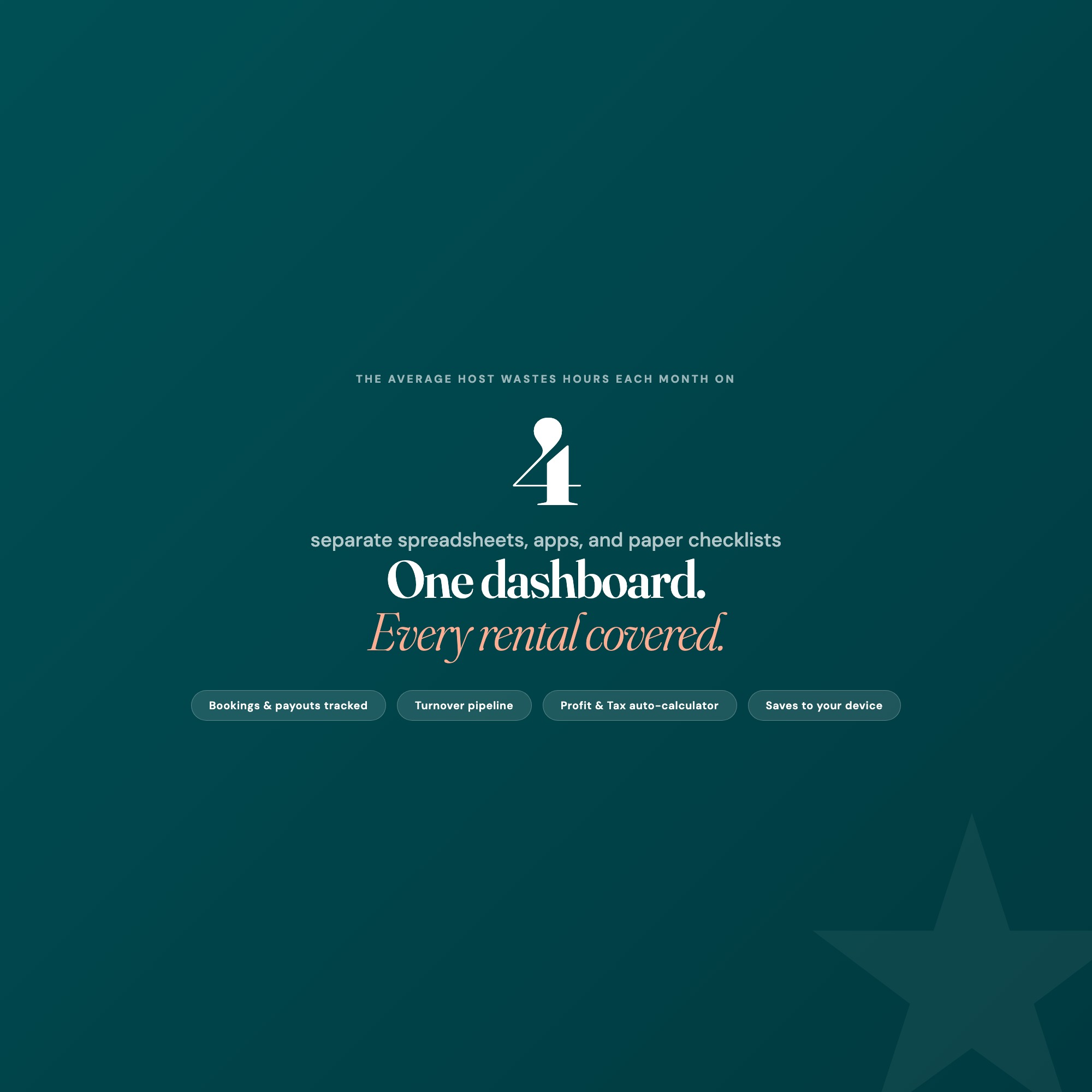 Short-term rental dashboard pull quote, one file replaces four spreadsheets for Airbnb and VRBO hosts, works offline