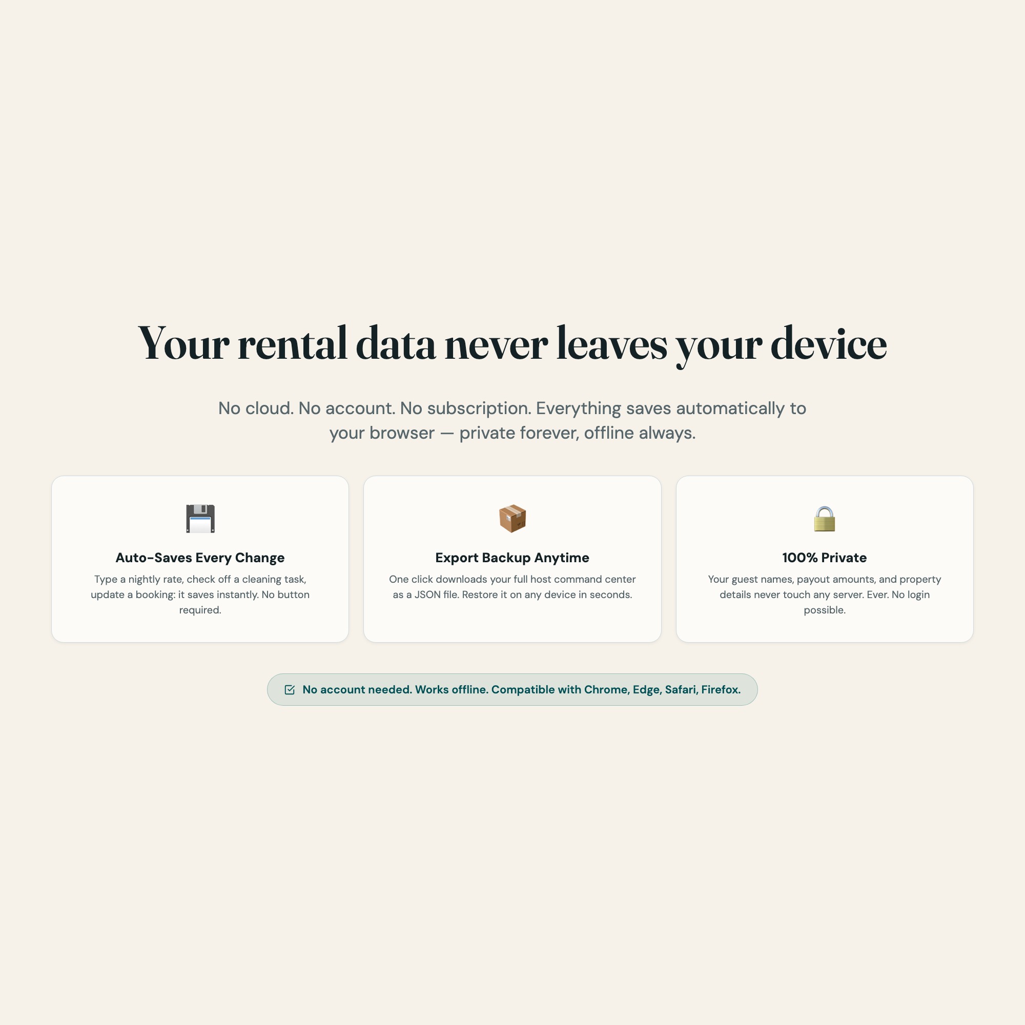 Privacy first rental dashboard, autosave to your device JSON export and restore, no login no account no subscription