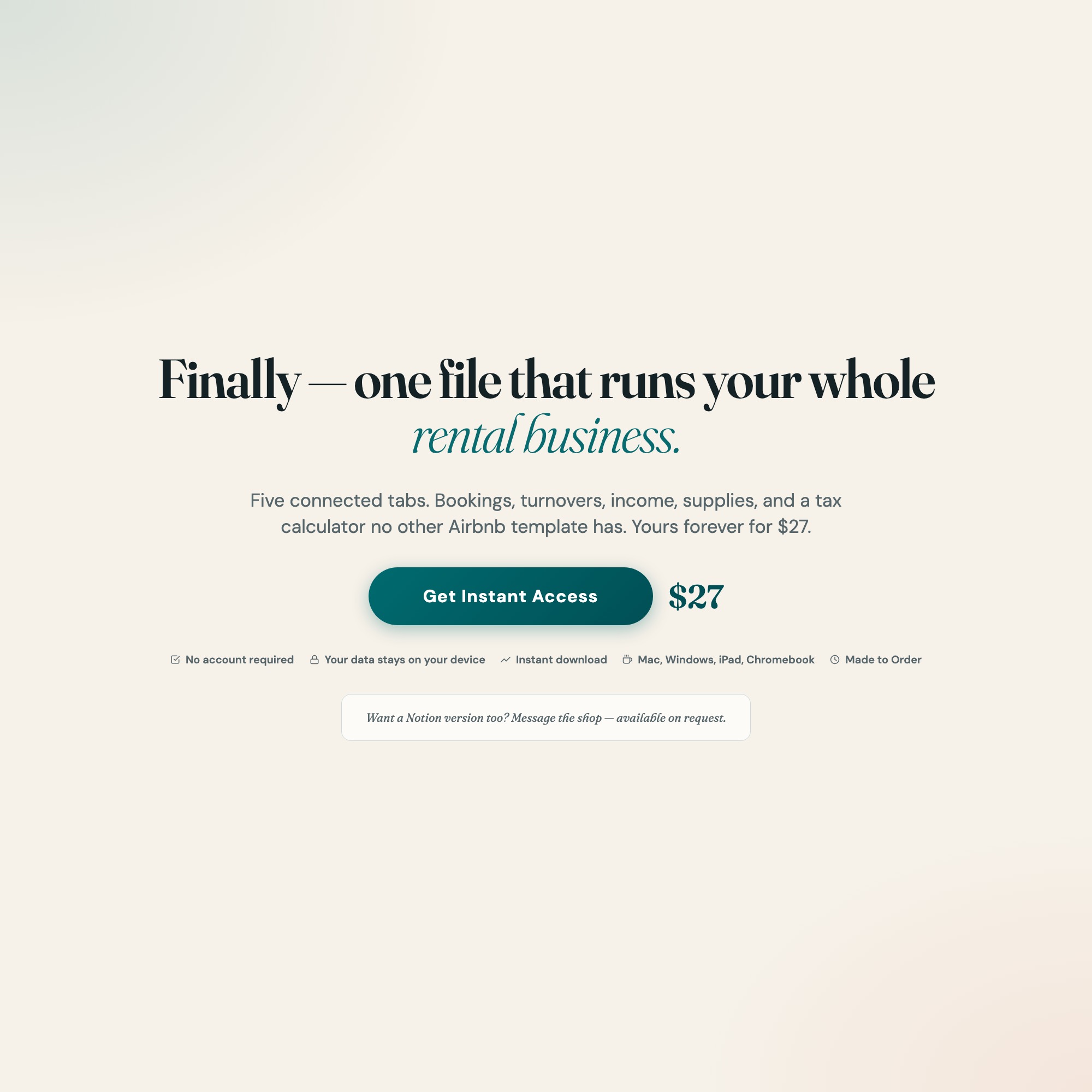 Final call to action for short-term rental command center, 27 dollars instant download, Notion version available