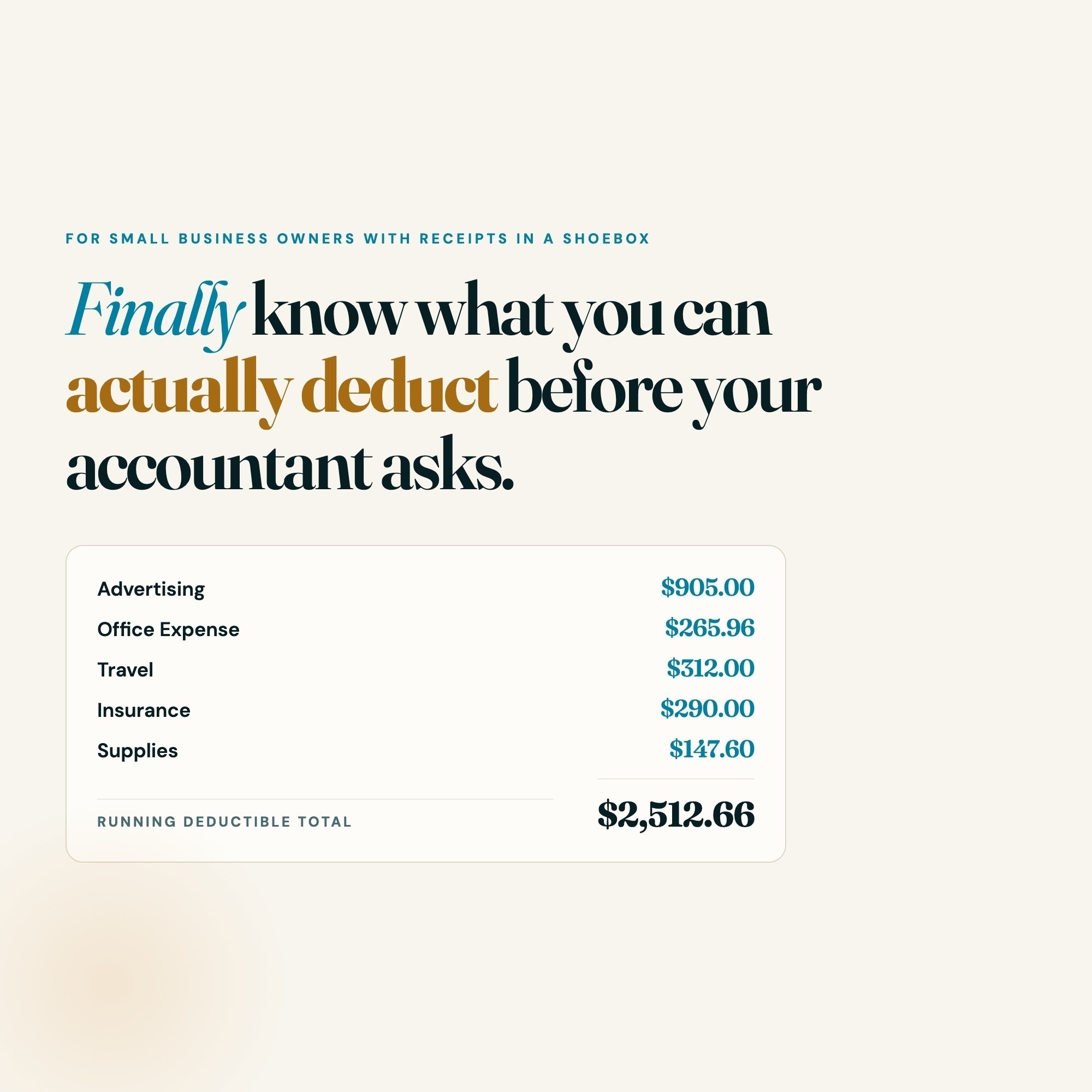 Small business expense tracker pull quote with Schedule C category deduction ledger