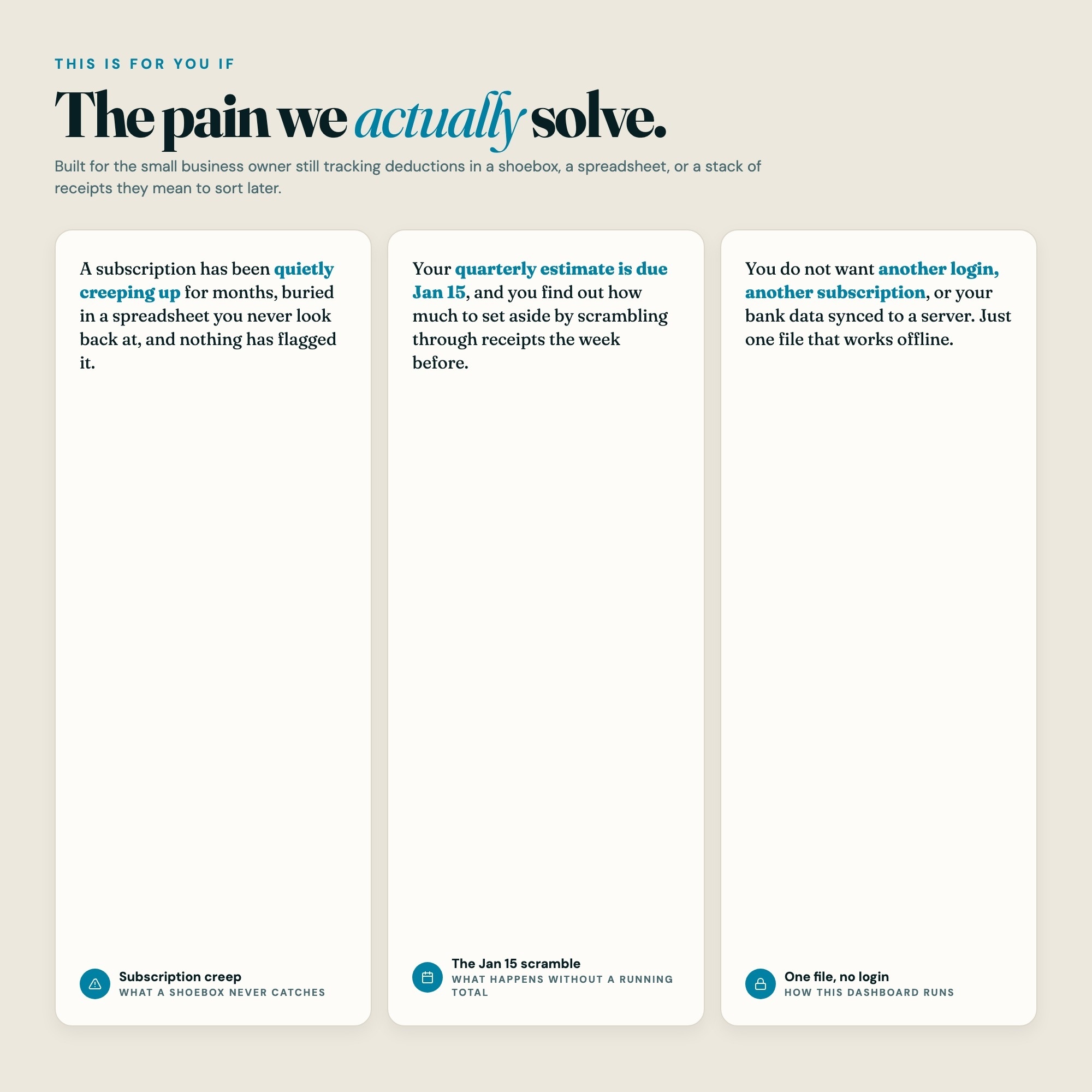 Small business expense tracker pain points subscription creep quarterly deadline offline file