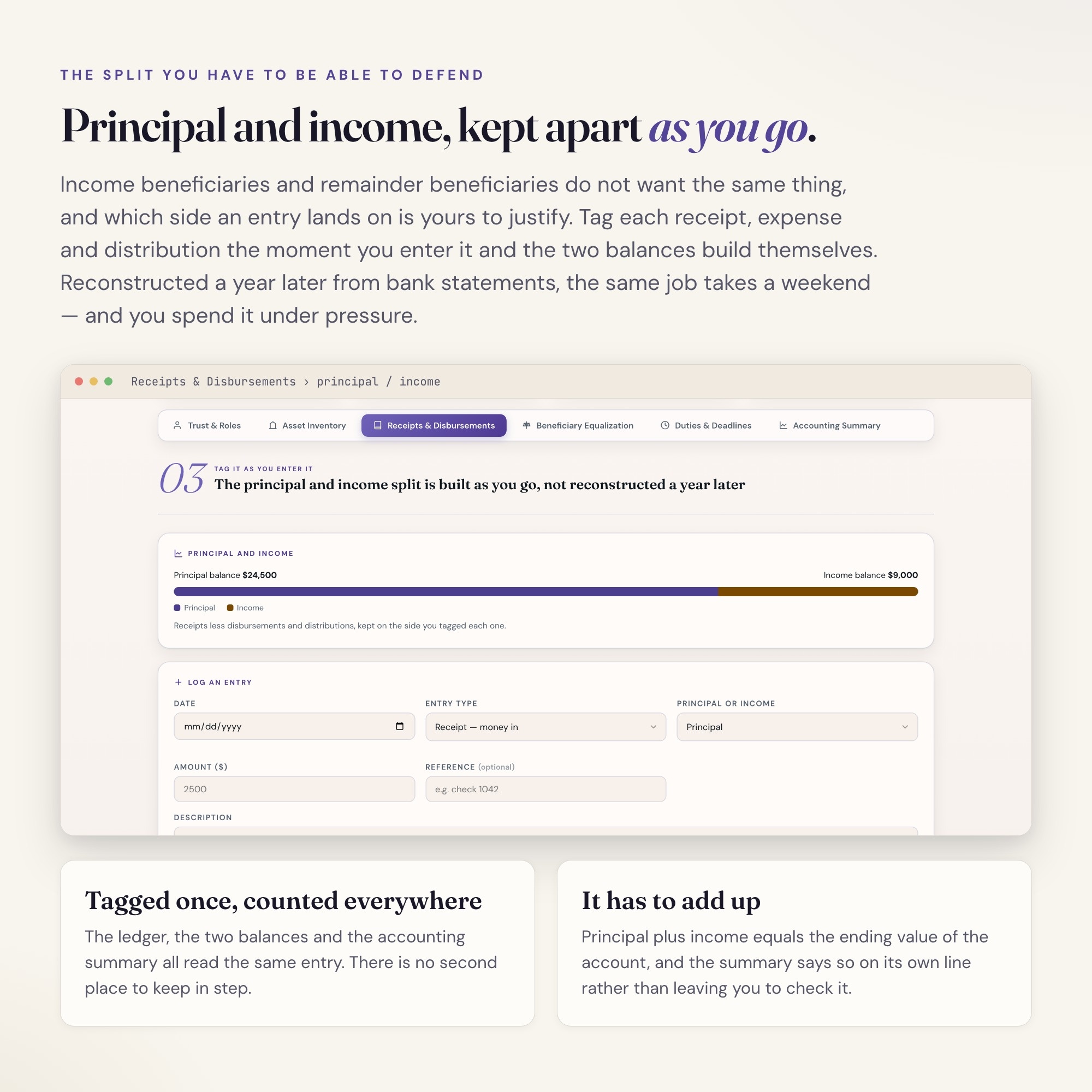 Successor trustee ledger keeping trust principal and income apart on every entry