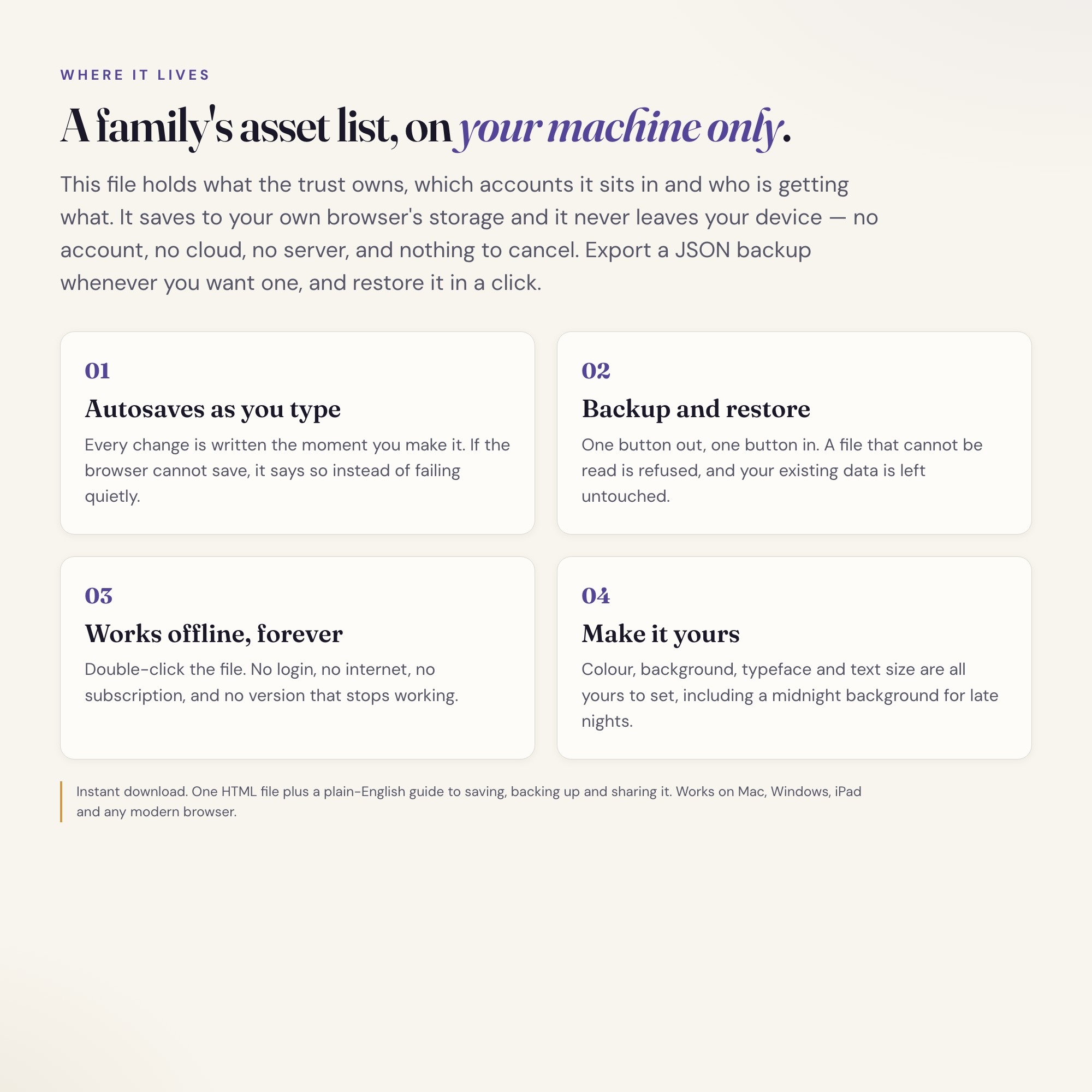 Successor trustee dashboard saving offline to your own machine with one click JSON backup