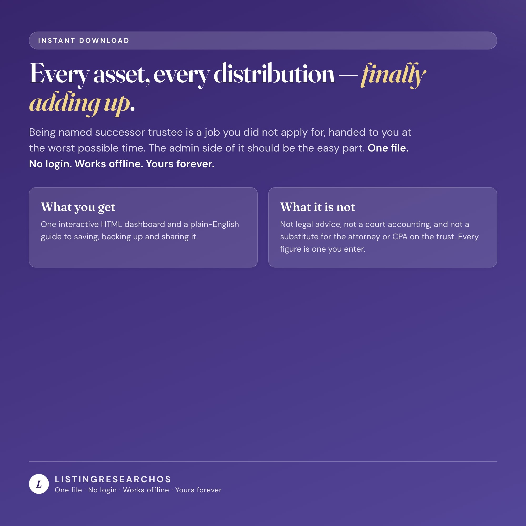 Successor trustee OS instant download, one HTML file that works offline with no login