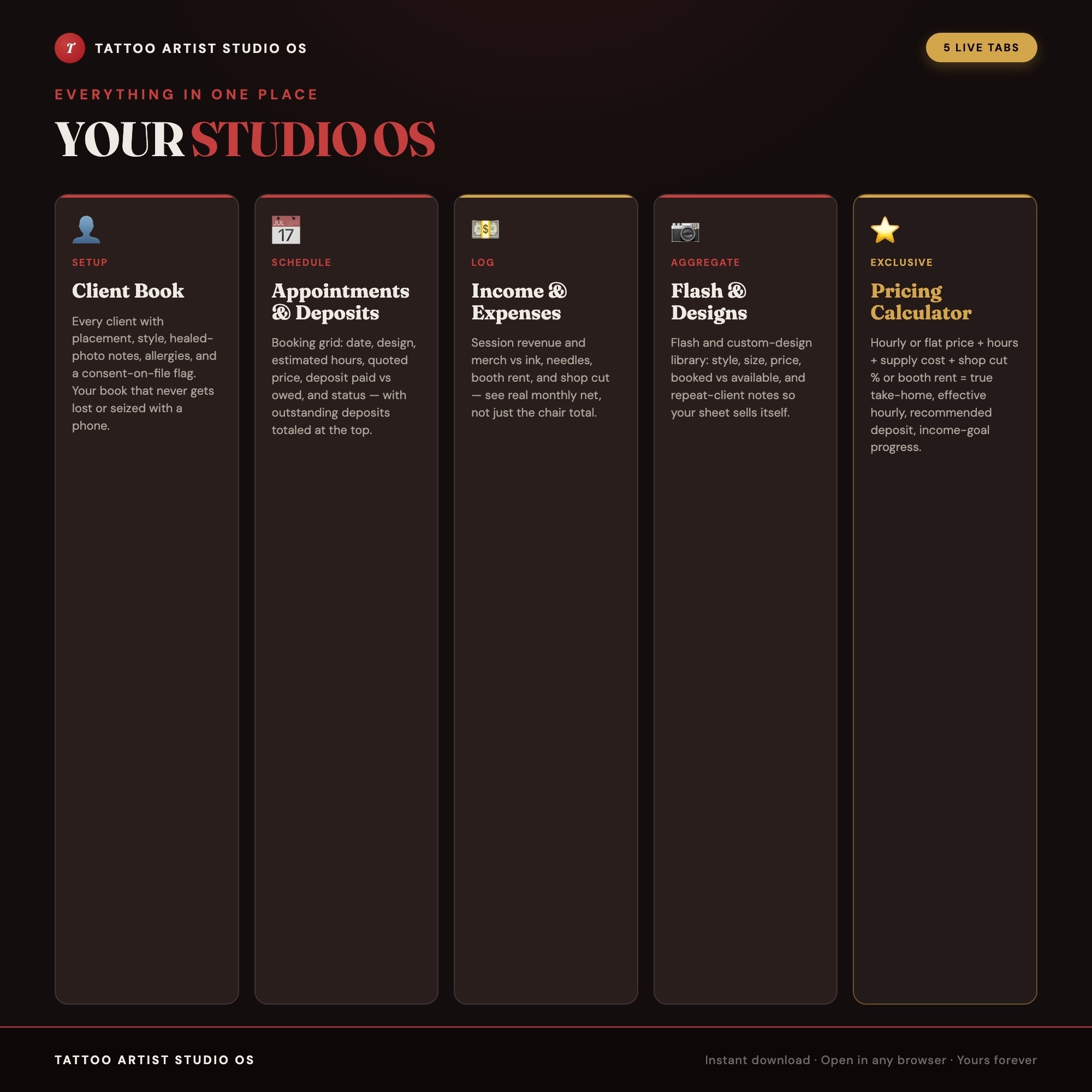 Tattoo Artist Studio OS, Client Book, Appointment & Deposit Tracker, Flash Design Library, Pricing & Take-Home Calculator — image 3
