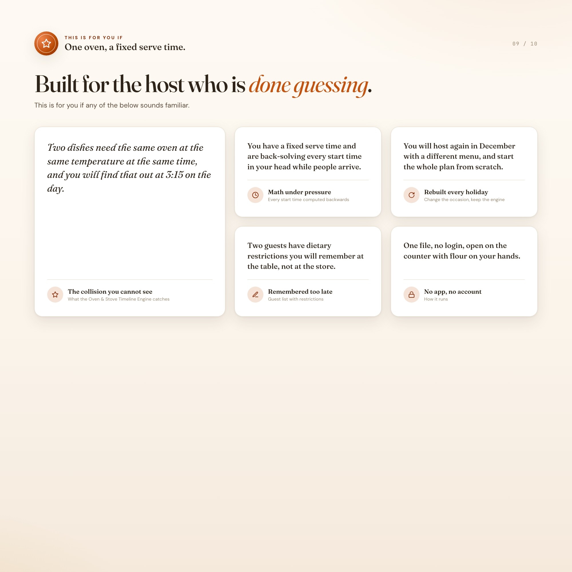 Who this holiday hosting dashboard is for: hosts back-solving every start time in their head against a fixed serve time